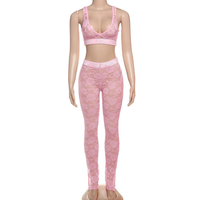 Spaghetti Straps Chest Wrap Stitching Lace Slim Fit Midriff-baring Trousers Suit