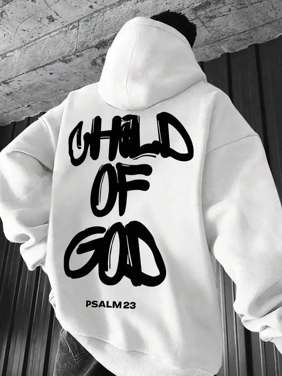 Mens Letter-Print Hoodie With Fleece-Lined Pullover Top
