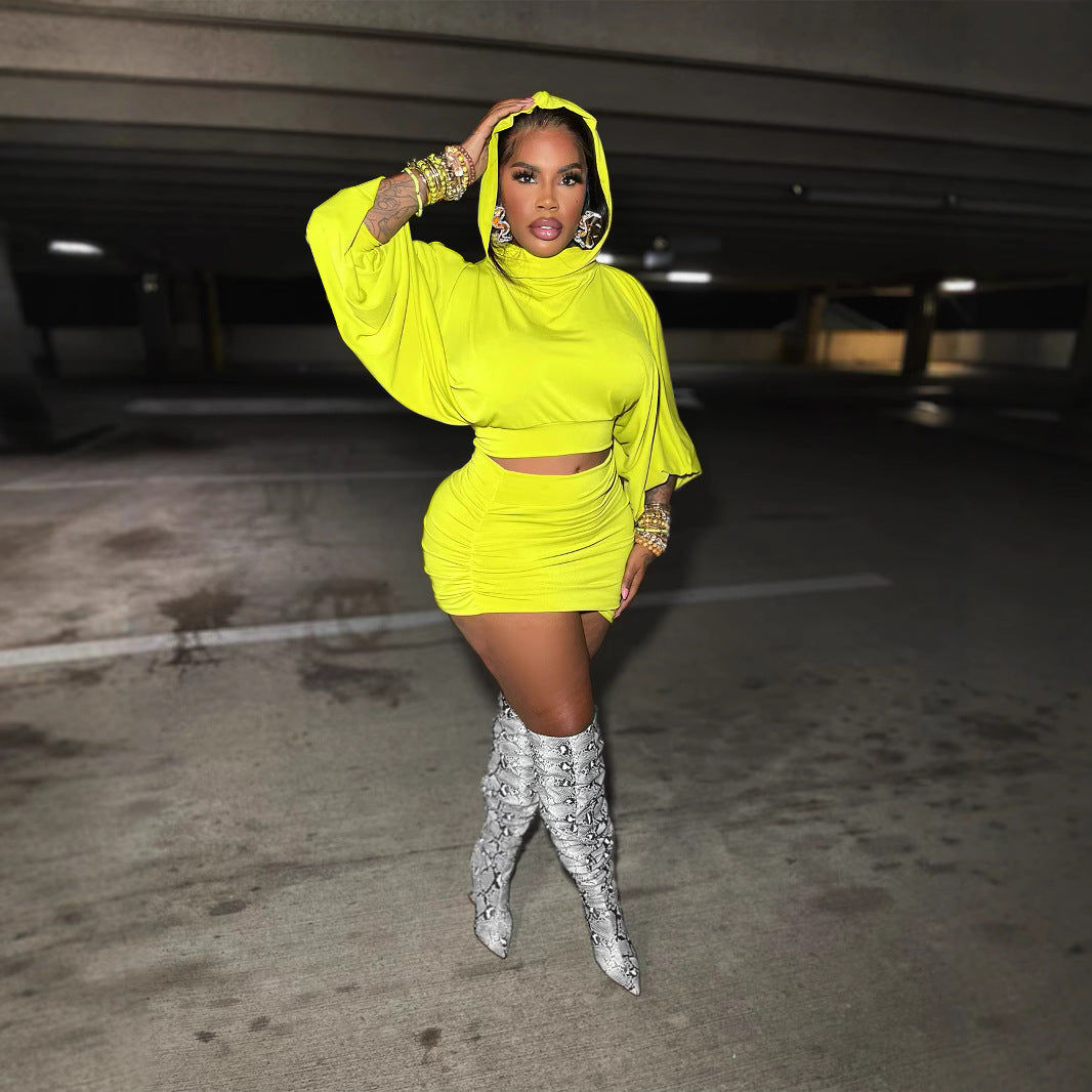 Hooded Bubble Sleeve Crop Top With Waist-cinching Pleated Wrap Skirt Two-piece Set