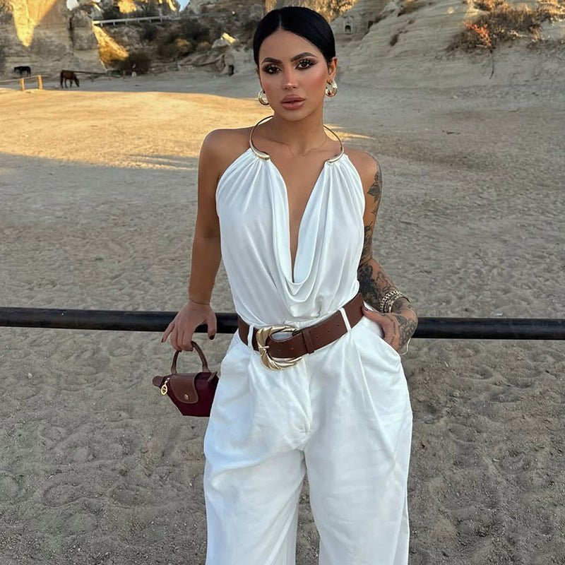 Fashionable Solid-Color Low-Cut Plunging Neckline Metal Halter Bodycon Tank Top