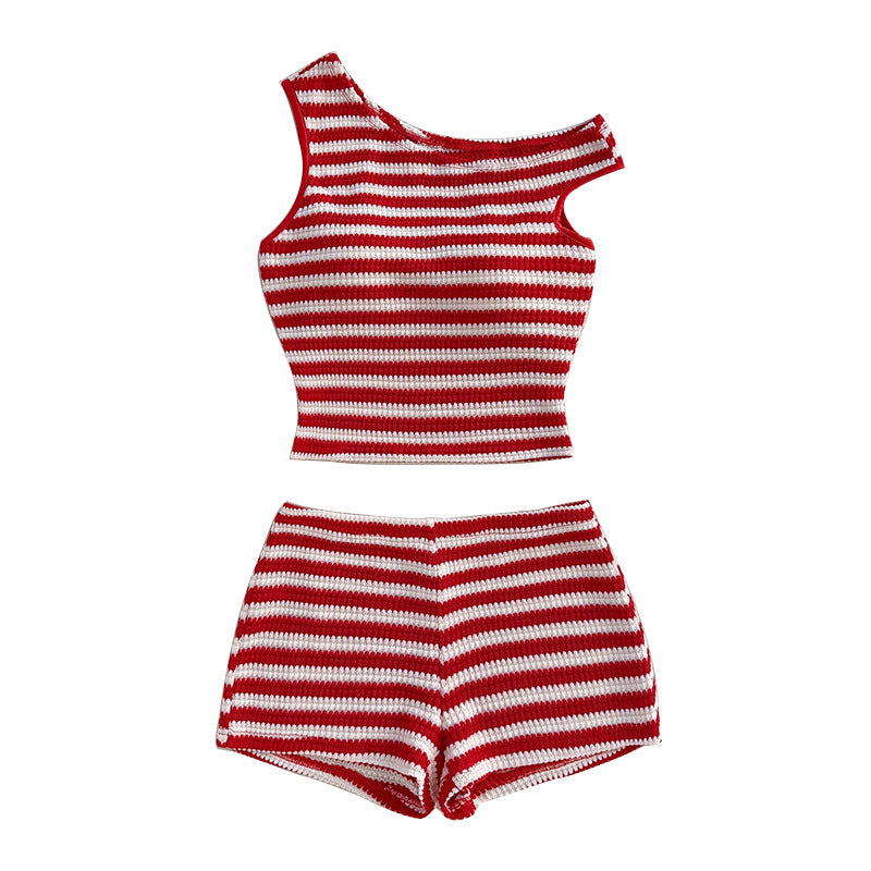 Vacation Style Striped Vest Hip-wrapped Short Suit