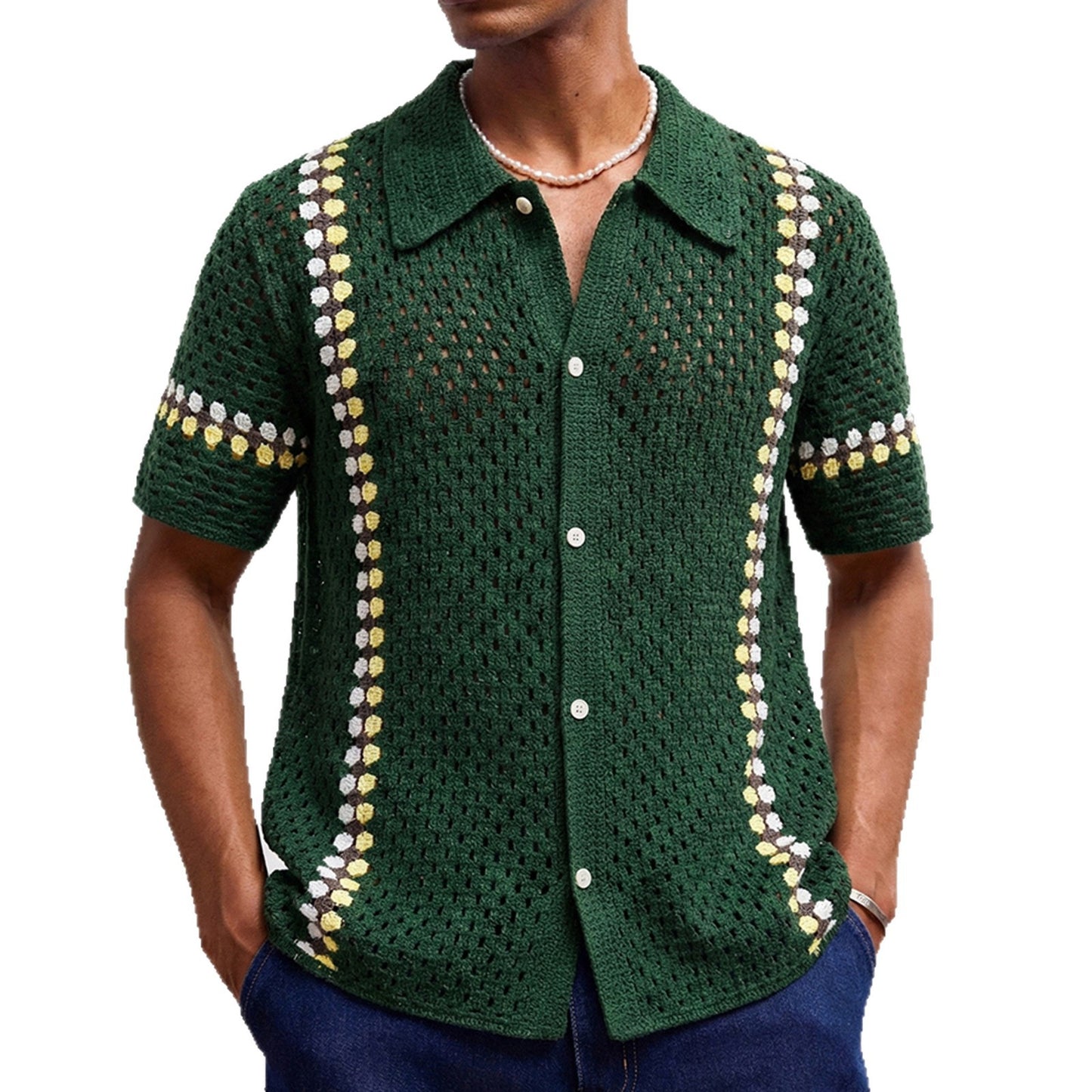 Men's Water-Soluble Crochet Cardigan Polo Shirt