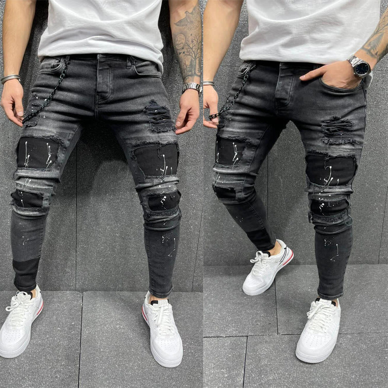 Men's Ripped Printed Stretch Jeans