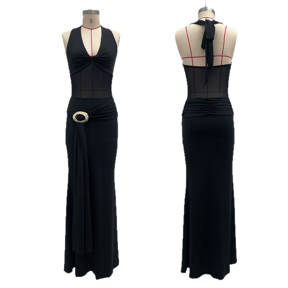 Womens Sexy Mesh-Panel Backless Bodycon Dress