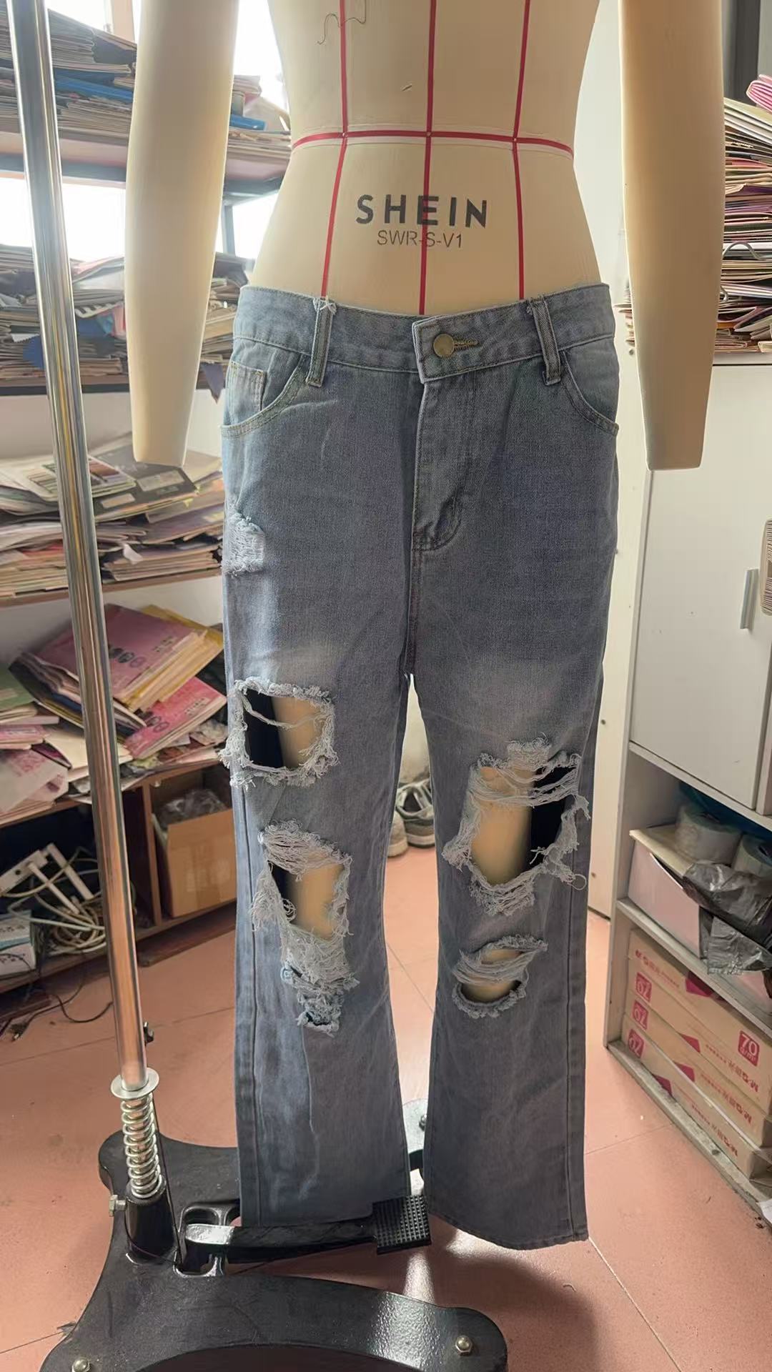 Women's Ripped Jeans, European And American Fashion, Stone Washed High-Waisted Straight Leg Long Pants, European And American Style