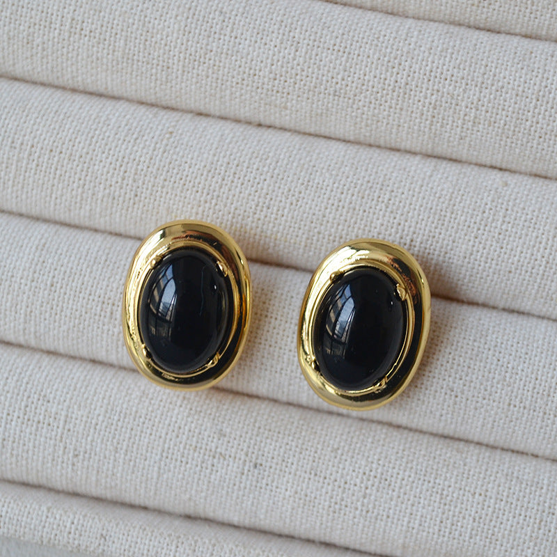 Luxury Gold-plated Oval Black Onyx Inlaid Earrings