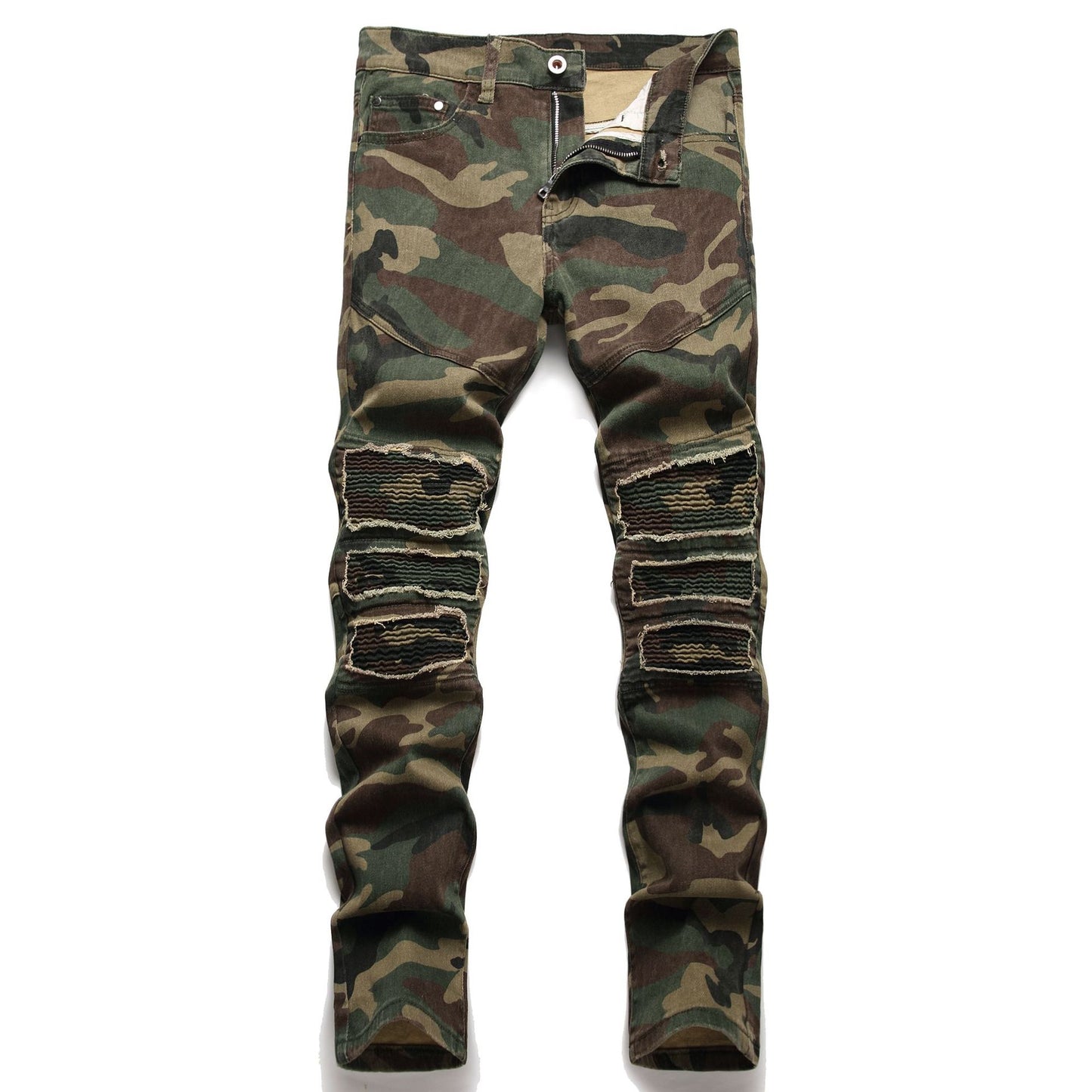 Men's Camouflage Patchwork Jeans Straight Fit Casual Trousers