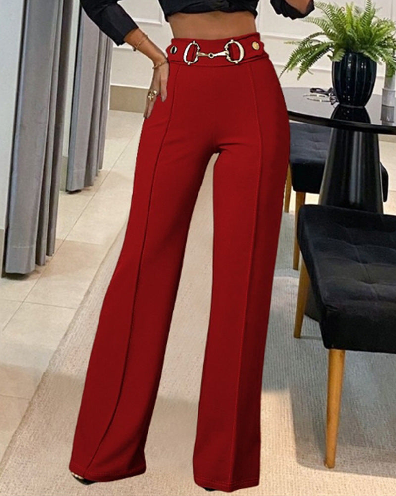 Solid-color High-waisted Womens Casual Straight-leg Pants