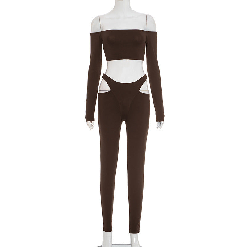 Spicy Girl Off-shoulder Long-sleeve Crop Top And Hollow-out Tight Pants Set