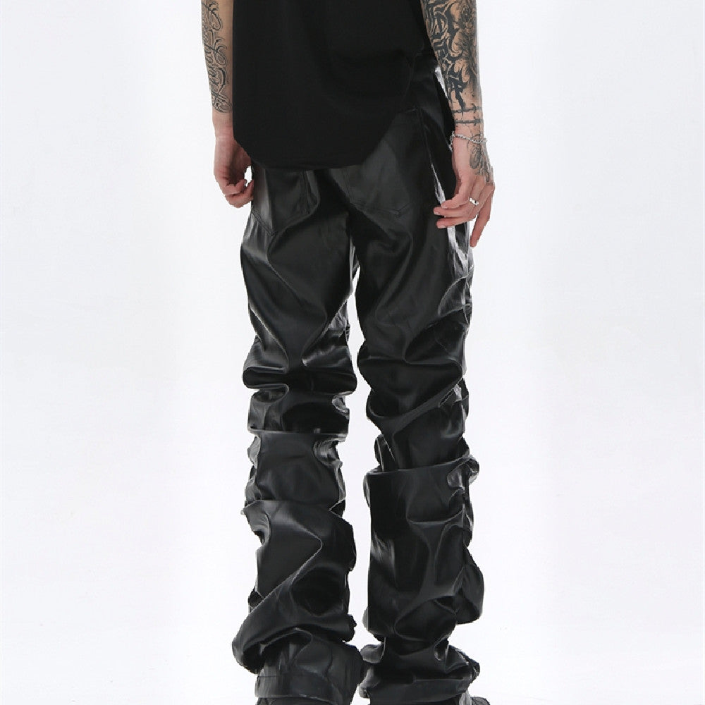 Black Pleated Casual Leather Pants