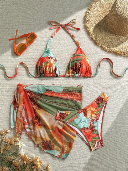 European And American-style Three-Piece Apron Bikini Flower-Printed Lace-Up Womens Swimsuit