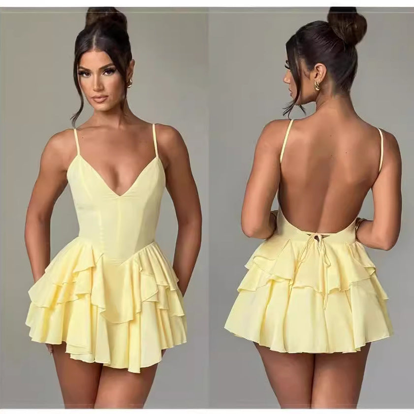 Elegant Ruffled Backless Dress Women
