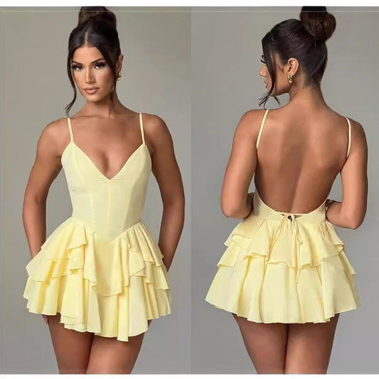 Elegant Ruffled Backless Dress Women
