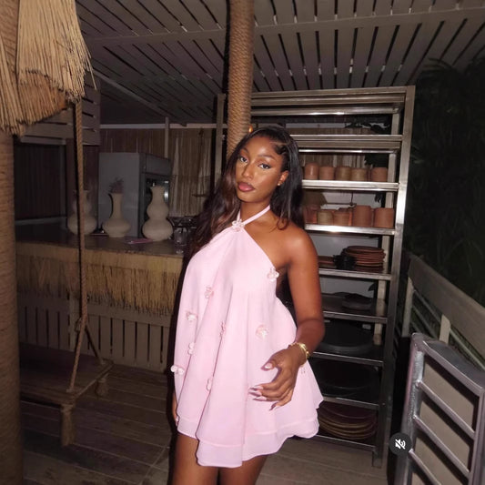 3D Flower Halter Chiffon Mini Dress