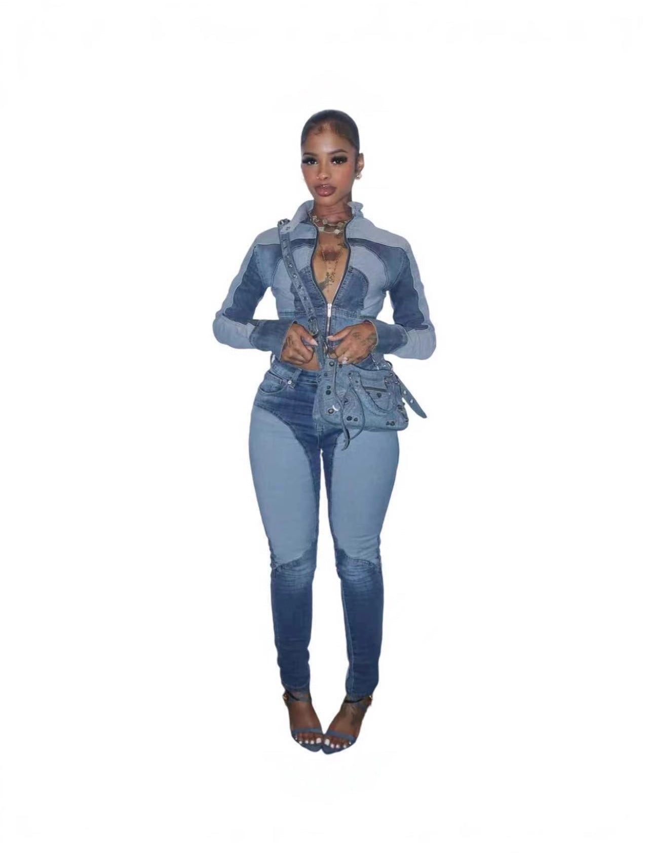 High Elastic Stitching Contrast Color Washed Denim Casual Suit Two-piece Set