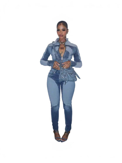High Elastic Stitching Contrast Color Washed Denim Casual Suit Two-piece Set
