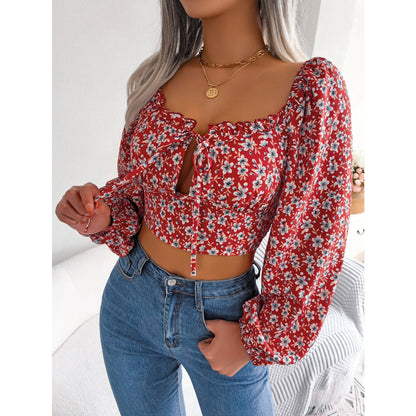 Women  Sexy Ruffle Trim Tie Floral Print Chiffon Crop Top