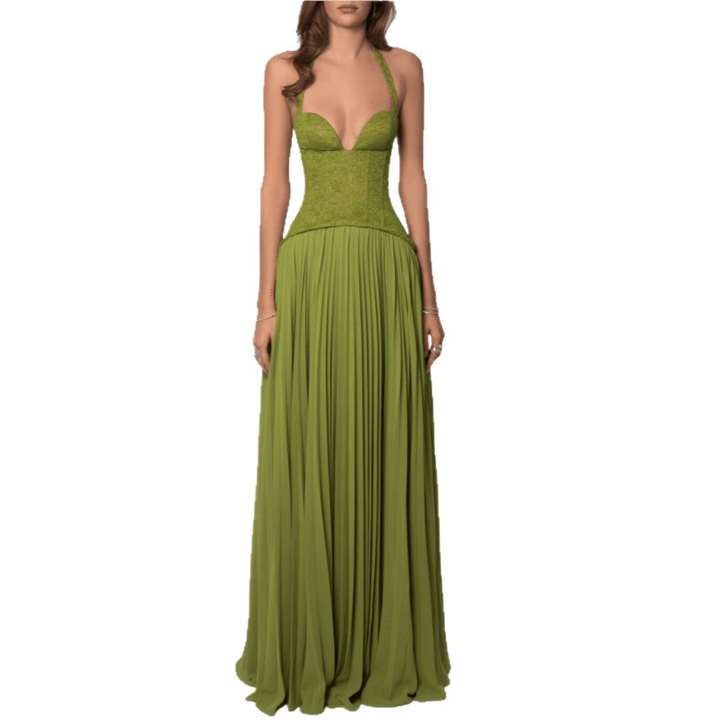Womens Fashion Backless Halter-neck Low-cut Plunging Pleated Dress