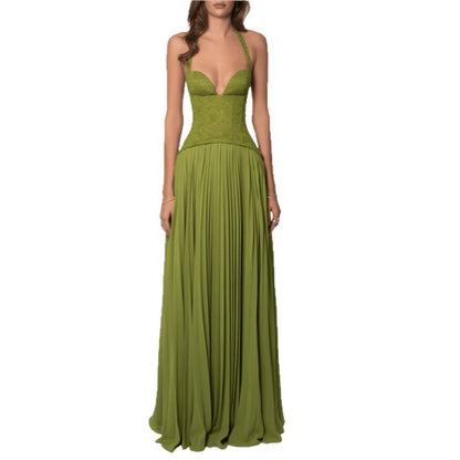 Womens Fashion Backless Halter-neck Low-cut Plunging Pleated Dress