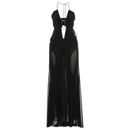 Mesh See-through Low-cut Halter Dress
