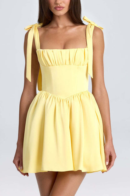 Bow-tied Strap Dress Summer Fashion Backless Square Collar High Waist Short Dress Beach Clothing For Women