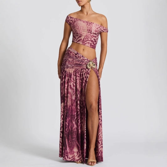 Pure Desire Style Hot Girl Sexy Print Oblique Shoulder Tops Split Skirt Suit