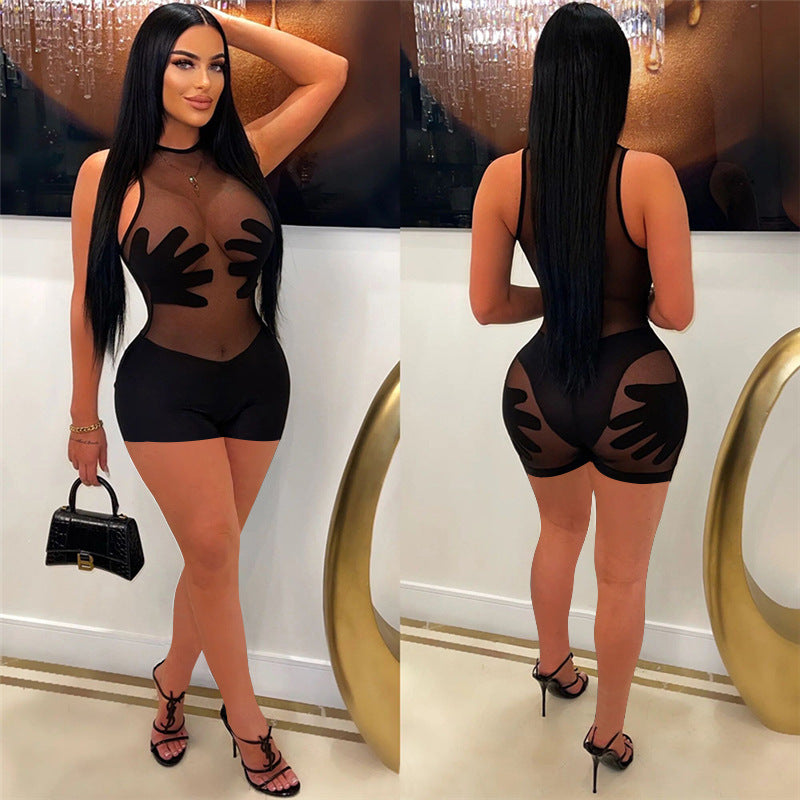 Mesh See-through Stitching High Waist Sleeveless Tight One-piece Shorts For Women