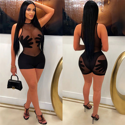 Mesh See-through Stitching High Waist Sleeveless Tight One-piece Shorts For Women