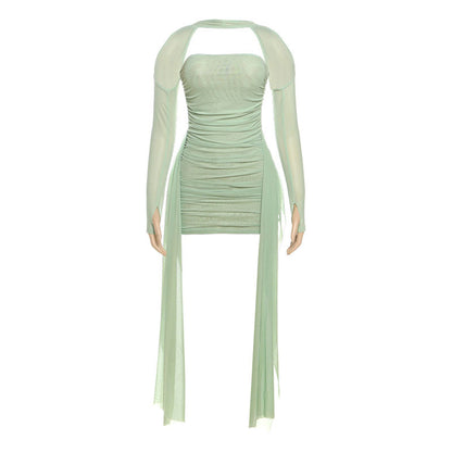 Women's Halter Neck Ruffle Dress with Scarf