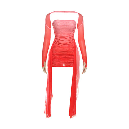 Women's Halter Neck Ruffle Dress with Scarf