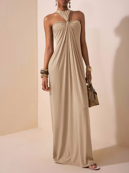 Womens Solid-Colored Halterneck Sleeveless Backless Slim-Fit Dress