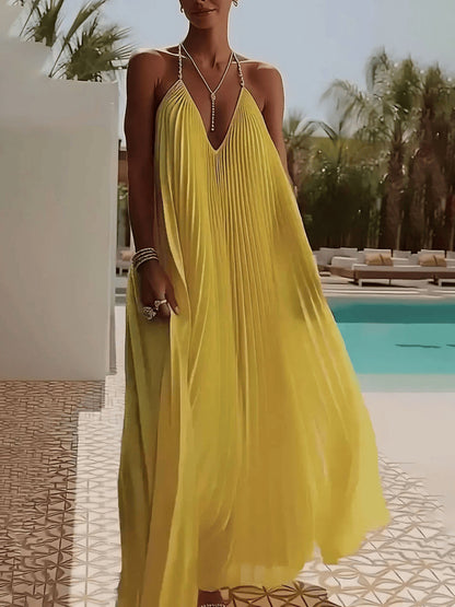 Womens Strapless Backless Pleated Maxi V-Neck Dress