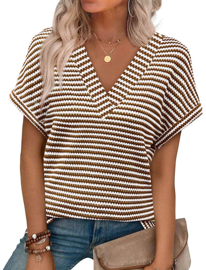 Summer V Neck Striped Loose Short Sleeve