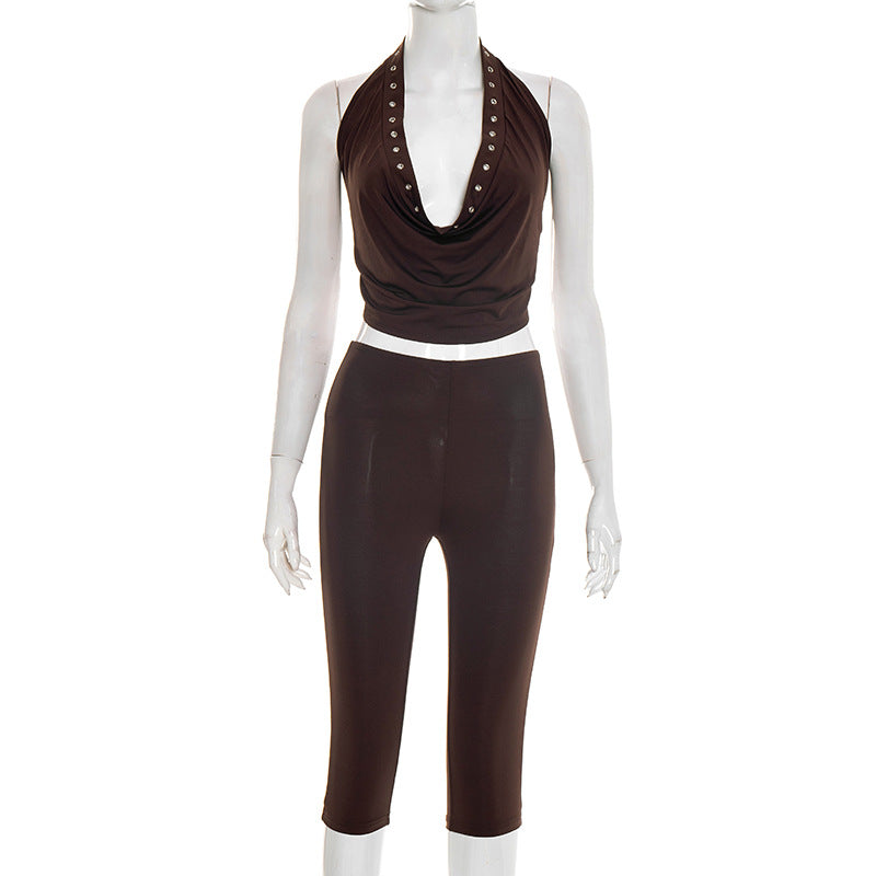 Strap-back High-waisted Capri Pants Set