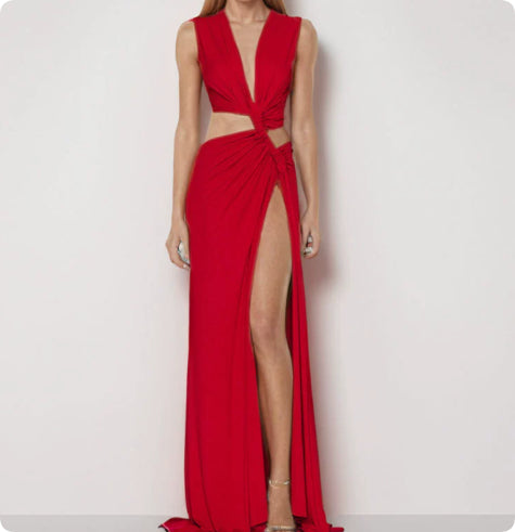 Hollow Knot Slit V-neck Sleeveless Pleated Irregular Dress