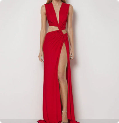 Hollow Knot Slit V-neck Sleeveless Pleated Irregular Dress
