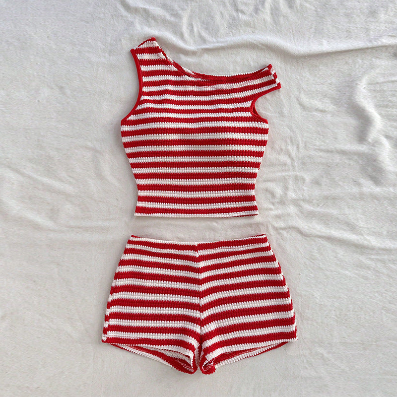 Vacation Style Striped Vest Hip-wrapped Short Suit