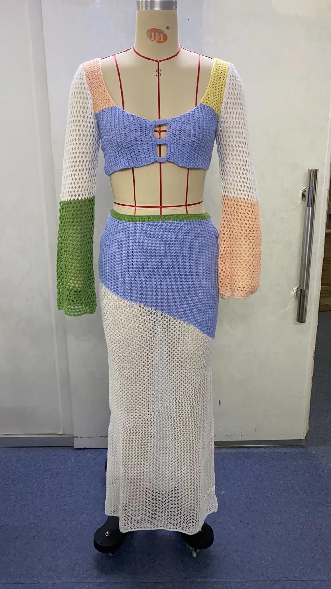 Summer Women's Lace-up Long Sleeve Narrow Casual Knitted Dress Suit
