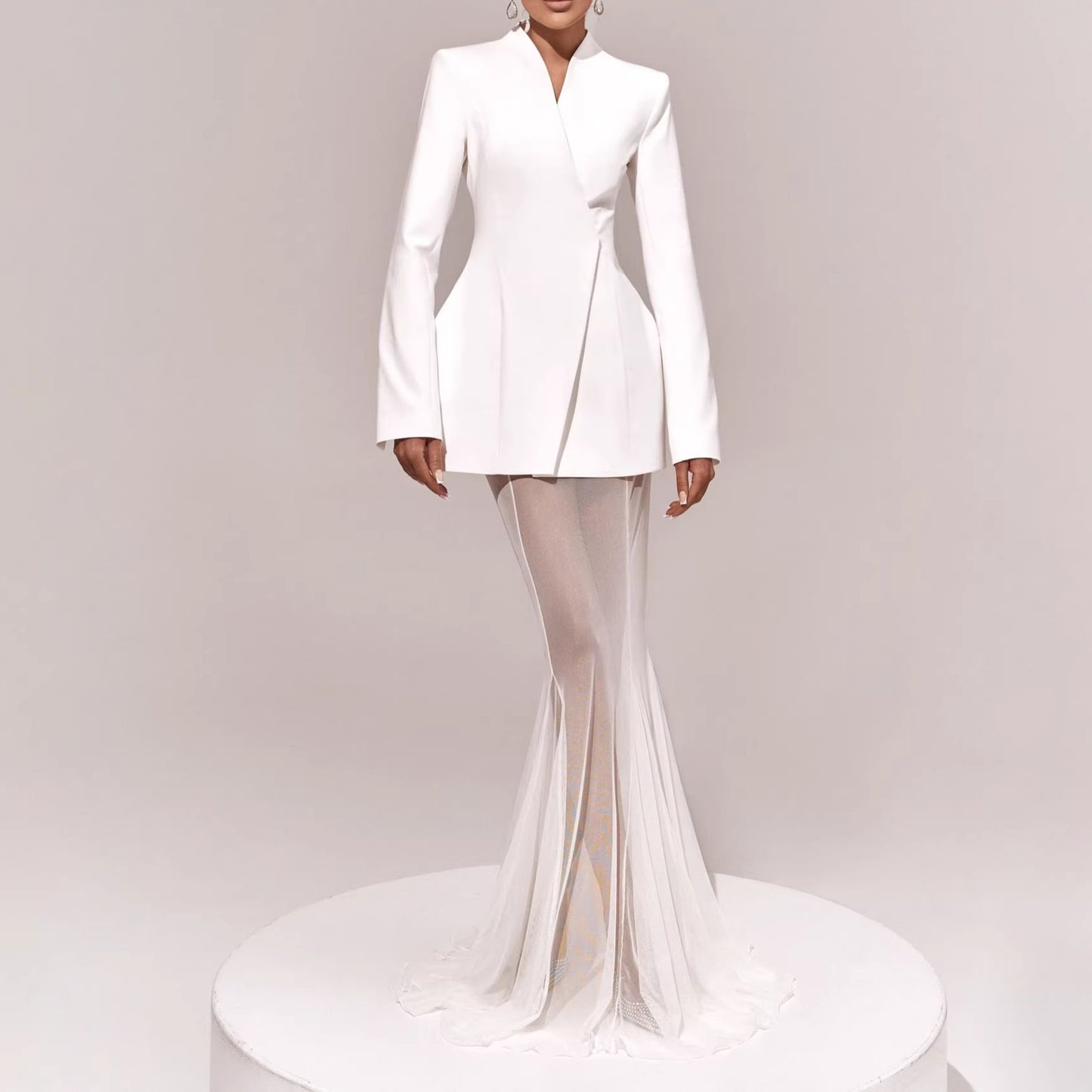 Women's Elegant Waist-Cinching Suit Jacket And Mesh Skirt Set