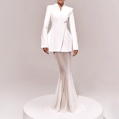 Women's Elegant Waist-Cinching Suit Jacket And Mesh Skirt Set