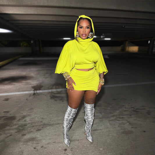 Hooded Bubble Sleeve Crop Top With Waist-cinching Pleated Wrap Skirt Two-piece Set