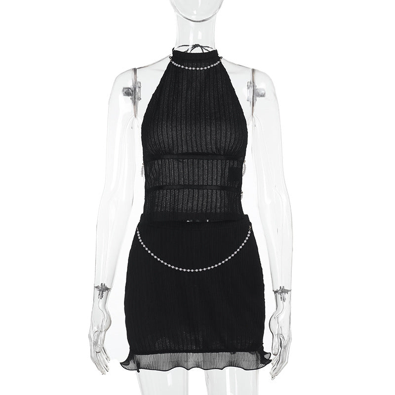 Summer Sexy Pearl Chain Halter Backless Top Mid-length Dress Set