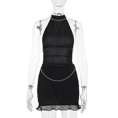 Summer Sexy Pearl Chain Halter Backless Top Mid-length Dress Set