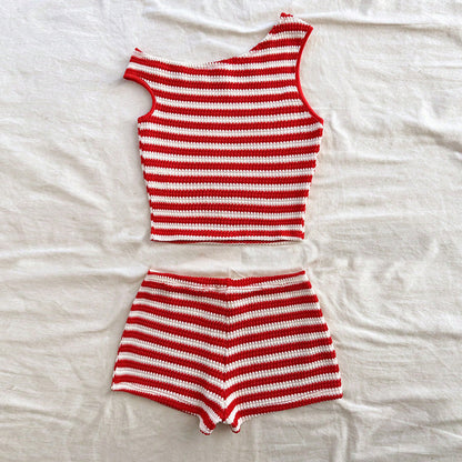 Vacation Style Striped Vest Hip-wrapped Short Suit