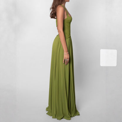 Womens Fashion Backless Halter-neck Low-cut Plunging Pleated Dress