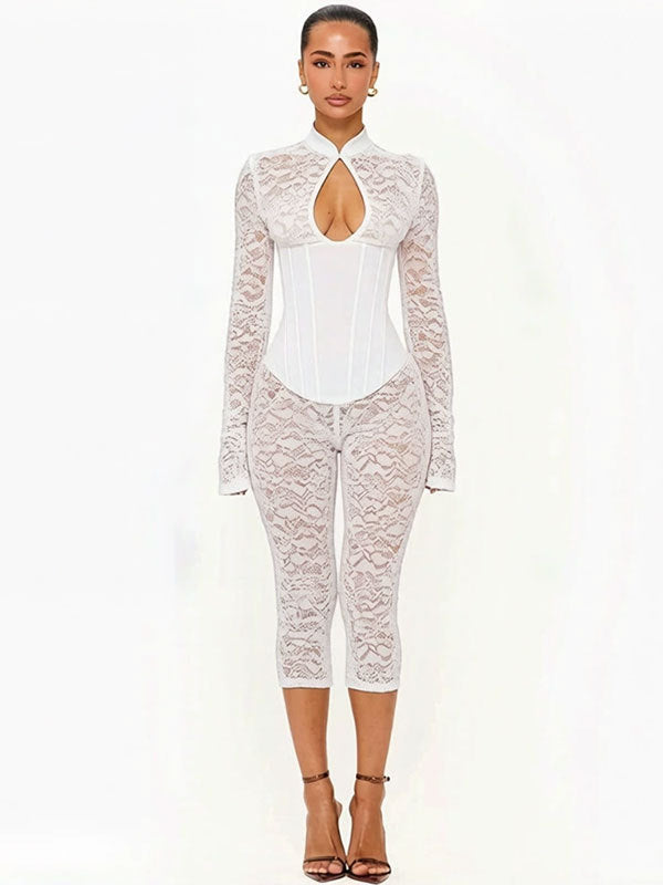 Fashionable Sexy Lace Hollow-Out Bodycon Jumpsuit Dress