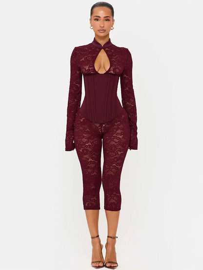 Fashionable Sexy Lace Hollow-Out Bodycon Jumpsuit Dress