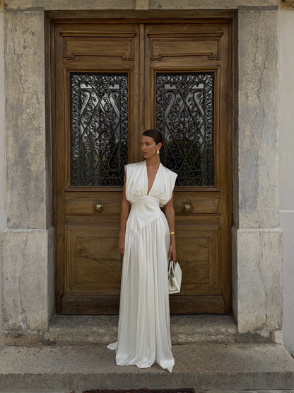 Womens V-neck Cinched-waist Slit Maxi Dress