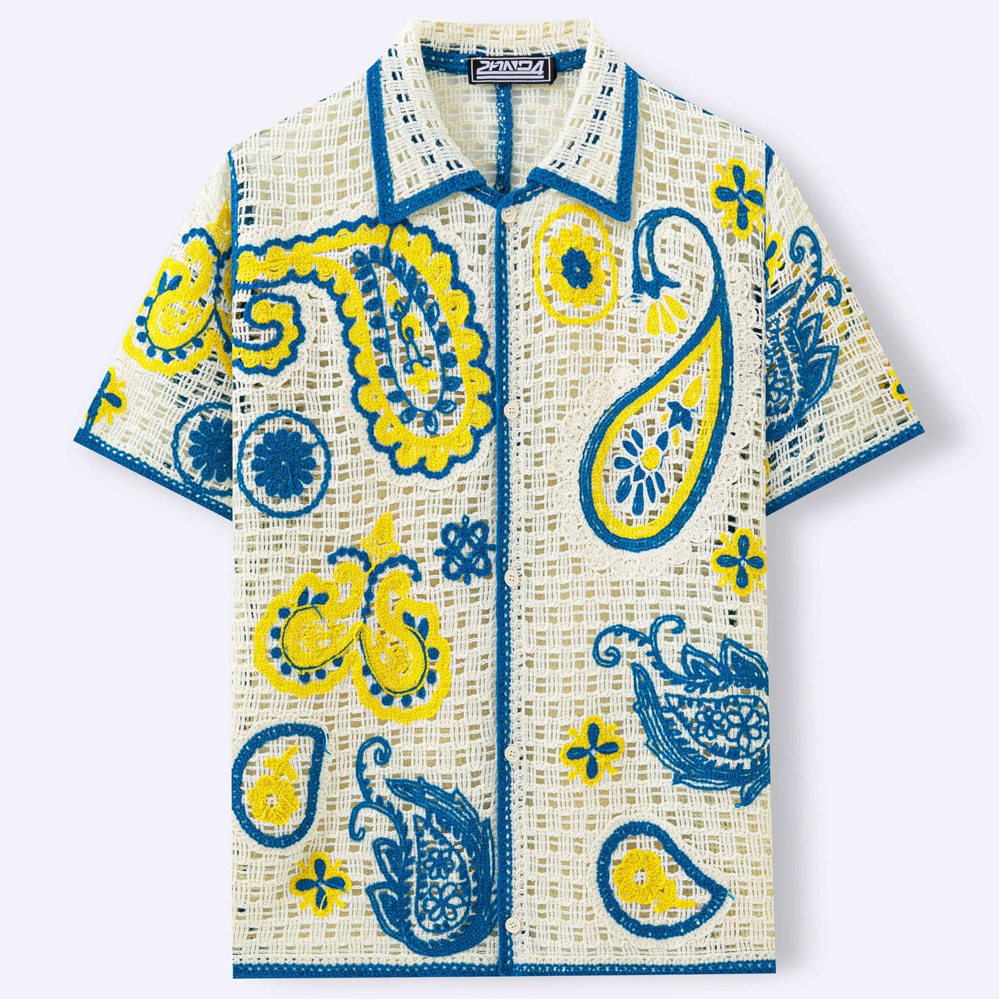 Retro Ethnic-Style Crochet Hollow-Out Knitted Cardigan Men's Polo Shirt