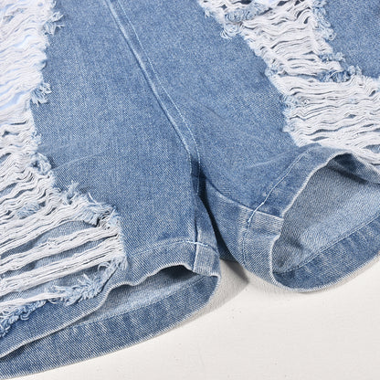 Hollow-out Ripped Zipper Short Chest Wrap Denim Jumpsuit Women